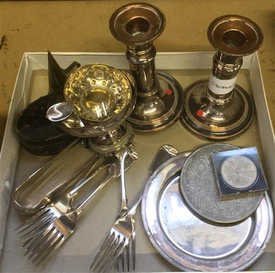 Pair plated candlesticks, etc